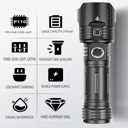 Stevvex adjustable rechargeable tactical flashlight black aluminum USB charging waterproof on Tampa Home & Garden Store