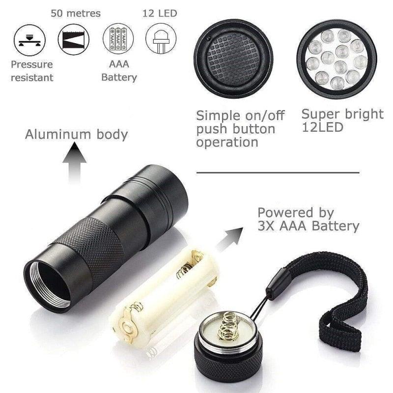Stevvex adjustable UV flashlight Black light 12LED handheld torch aluminum body on Tampa Home & Garden Store