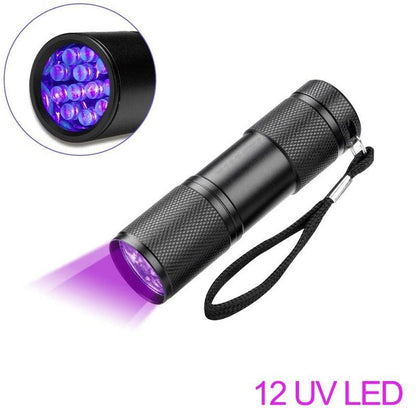 Stevvex 12-LED UV flashlight, adjustable rechargeable black metal torch with wrist strap on Tampa Home & Garden Store