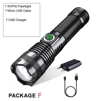 Stevvex black rechargeable LED flashlight; USB charging and display on Tampa Home & Garden Store