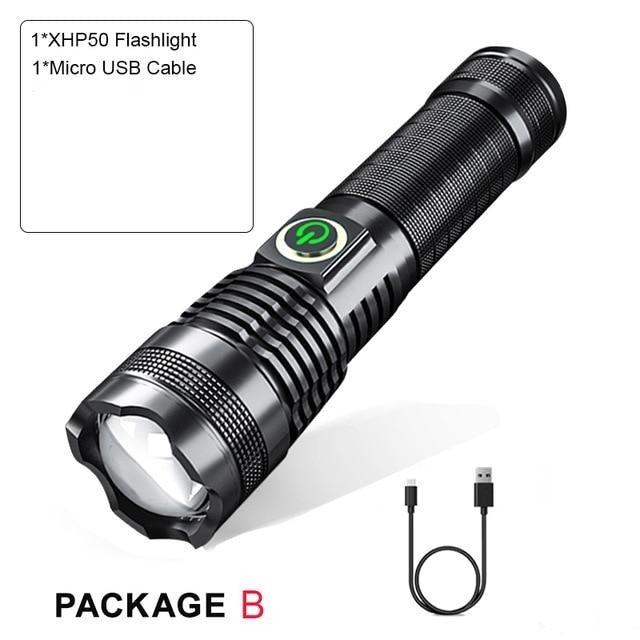 Adjustable rechargeable waterproof LED flashlight Stevvex black aluminum USB charging on Tampa Home & Garden Store