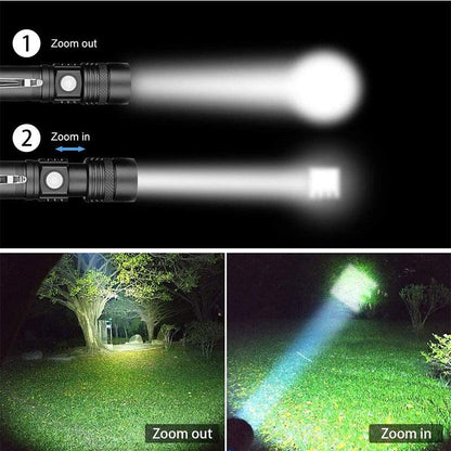 Stevvex black rechargeable waterproof LED flashlight with zoomable beam, 5 modes, USB charging on Tampa Home & Garden Store