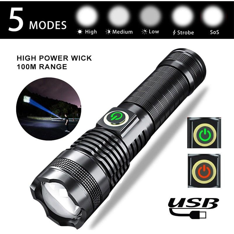 Stevvex USB rechargeable LED flashlight, black, waterproof, 5 modes, zoomable, power display on Tampa Home & Garden Store
