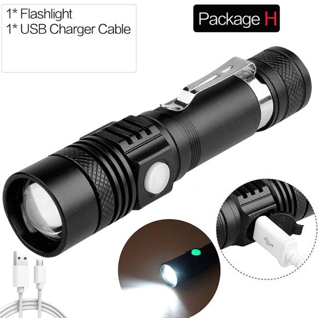 Adjustable rechargeable waterproof LED flashlight with zoomable beam USB charging cable Stevvex on Tampa Home & Garden Store