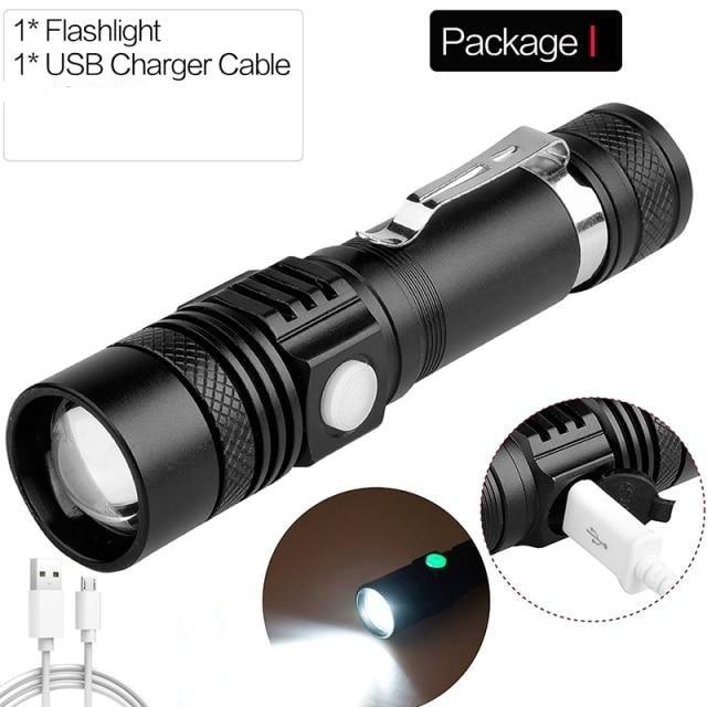 Stevvex black waterproof USB rechargeable LED flashlight with zoomable head and power display on Tampa Home & Garden Store