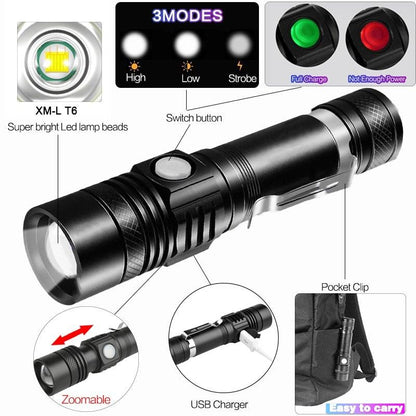 Stevvex ST4LMQPP190 adjustable waterproof rechargeable LED flashlight with zoomable beam, 5 modes on Tampa Home & Garden Store