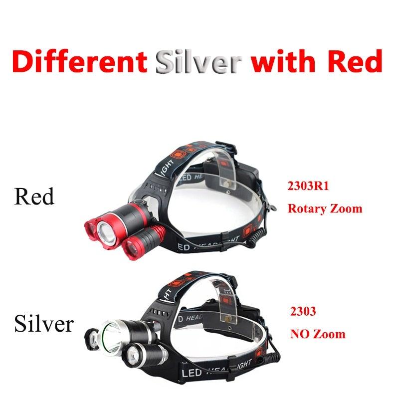Stevvex headlamp pair with rechargeable LED, red Rotary Zoom 2303R1 and silver NO Zoom on Tampa Home & Garden Store