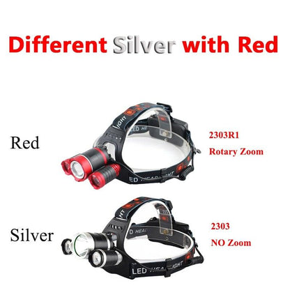 Stevvex headlamp pair with rechargeable LED, red Rotary Zoom 2303R1 and silver NO Zoom on Tampa Home & Garden Store