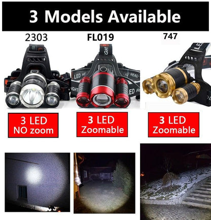 Headlamp Stevvex ST4LMANQ121 adjustable rechargeable zoomable with 3 LED for outdoor use on Tampa Home & Garden Store