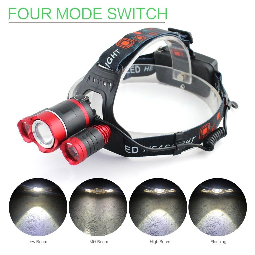 Stevvex headlamp with adjustable zoom and red LEDs, four-mode switch, rechargeable on Tampa Home & Garden Store