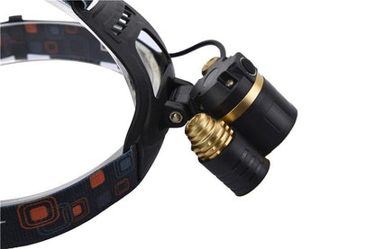 Stevvex headlamp zoomable LED with black housing and gold ring on headband for outdoors on Tampa Home & Garden Store