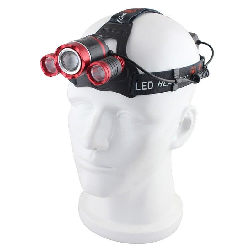 Stevvex headlamp adjustable zoomable, rechargeable LED, red-ring dual lights on black headband on Tampa Home & Garden Store