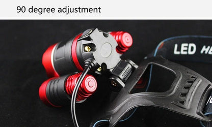 Adjustable zoomable headlamp with red accents, rechargeable LED, 90-degree tilt for outdoor activities on Tampa Home & Garden Store