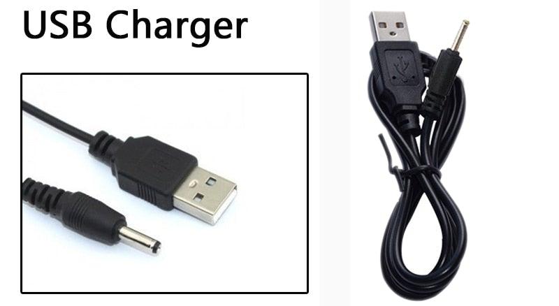 Two-piece USB Charger set with USB-A to DC barrel plug cables, black, for Stevvex headlamps on Tampa Home & Garden Store