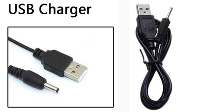 Two-piece USB Charger set with USB-A to DC barrel plug cables, black, for Stevvex headlamps on Tampa Home & Garden Store