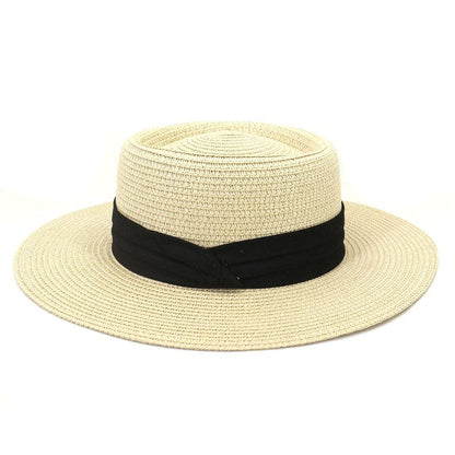 Straw sun hat with wide brim and black ribbon, beige fedora by Stevvex 56–58cm on Tampa Home & Garden Store