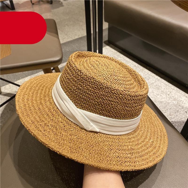 Stevvex adult summer straw hat fedora style with white band natural color 56-58 cm on Tampa Home & Garden Store