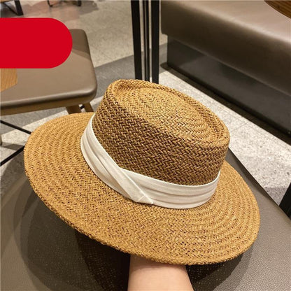 Stevvex adult summer straw hat fedora style with white band natural color 56-58 cm on Tampa Home & Garden Store