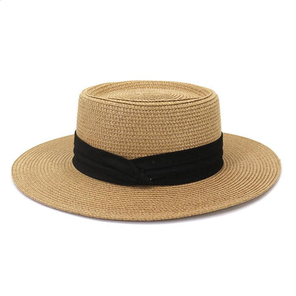 Straw sun hat by Stevvex natural beige wide-brim fedora with black ribbon 56–58 cm on Tampa Home & Garden Store