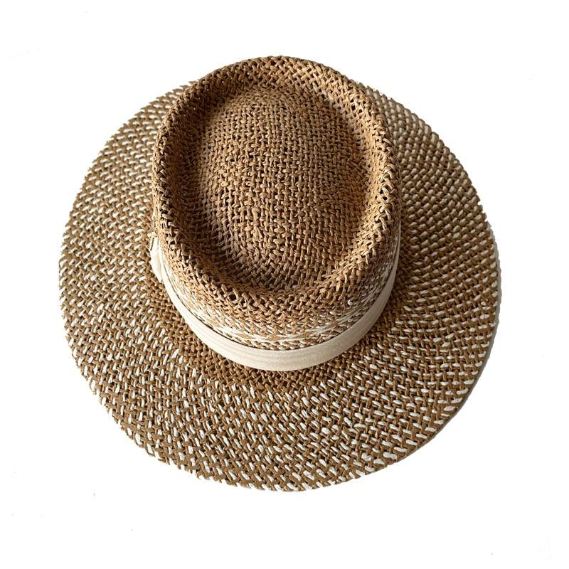Straw fedora sun hat with a wide brim beige band Stevvex on Tampa Home & Garden Store