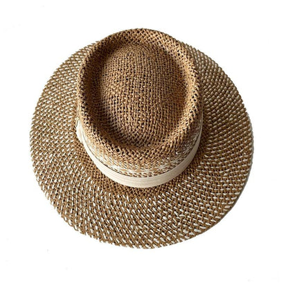 Straw fedora sun hat with a wide brim beige band Stevvex on Tampa Home & Garden Store