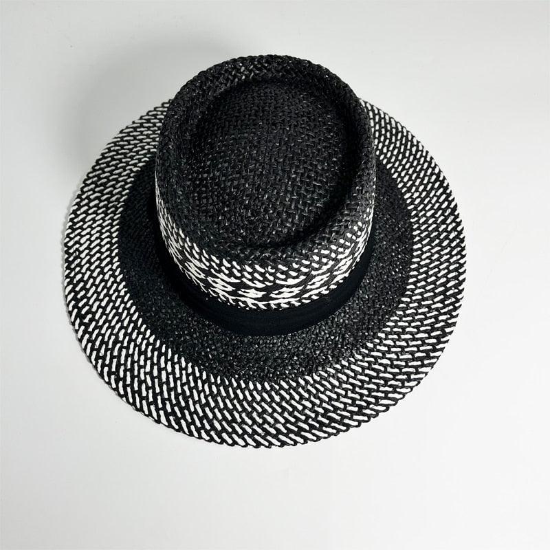 Straw fedora sun hat Stevvex in black and white woven pattern with a wide brim for women on Tampa Home & Garden Store