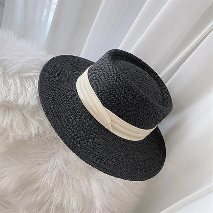 Stevvex black straw fedora hat with beige ribbon, wide brim, breathable packable sun hat on Tampa Home & Garden Store