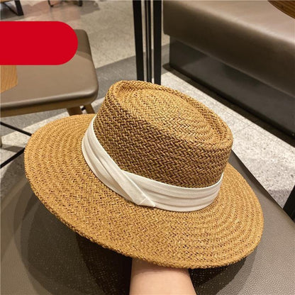 Stevvex straw hat, wide brim fedora style, natural straw with white band, 56–58cm on Tampa Home & Garden Store