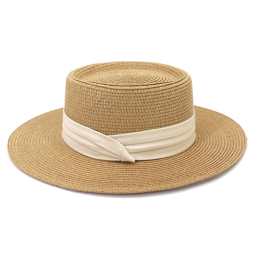 Straw fedora hat by Stevvex, natural beige wide brim with cream fabric band, packable sun hat on Tampa Home & Garden Store