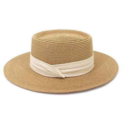 Straw fedora hat by Stevvex, natural beige wide brim with cream fabric band, packable sun hat on Tampa Home & Garden Store