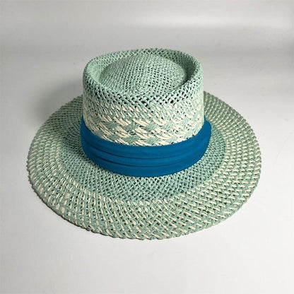 Stevvex mint straw sun hat with wide brim and teal ribbon, packable fedora for women on Tampa Home & Garden Store