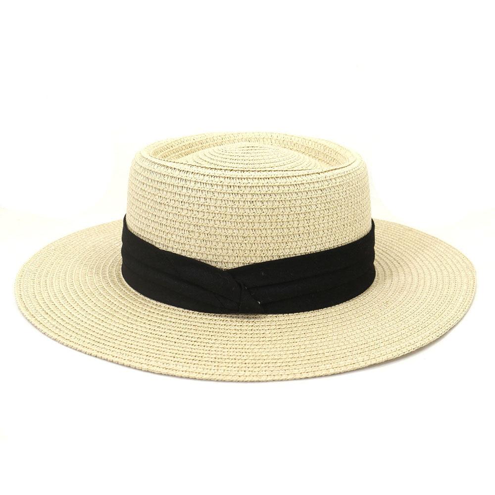 Adult summer straw fedora hat with wide brim, natural beige weave and black band on Tampa Home & Garden Store