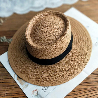 Stevvex straw fedora sun hat with wide brim, natural tan straw and black band, 56–58cm packable on Tampa Home & Garden Store