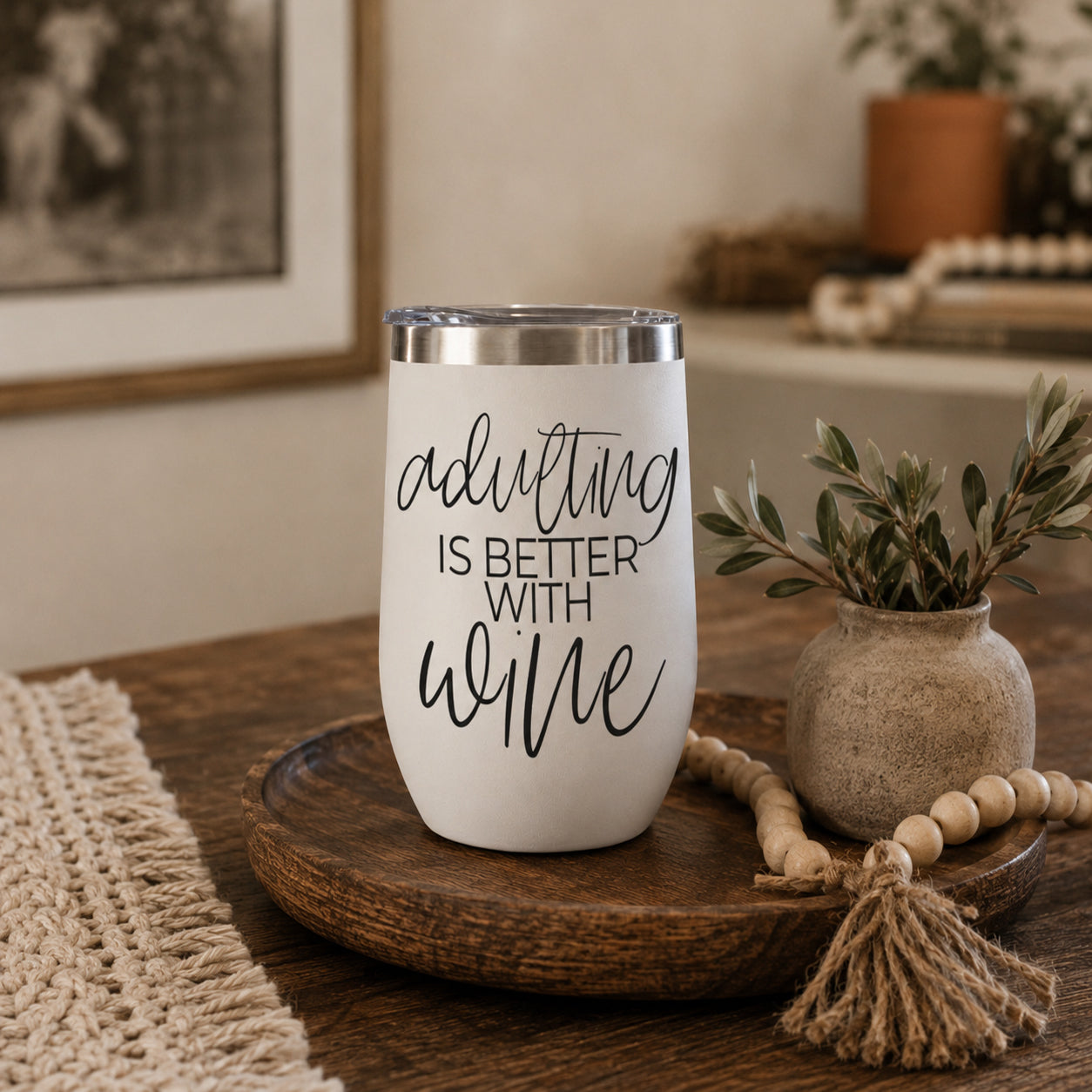 Adulting 17oz tumbler Gia Roma white with black script wine message and stainless lid on Tampa Home & Garden Store