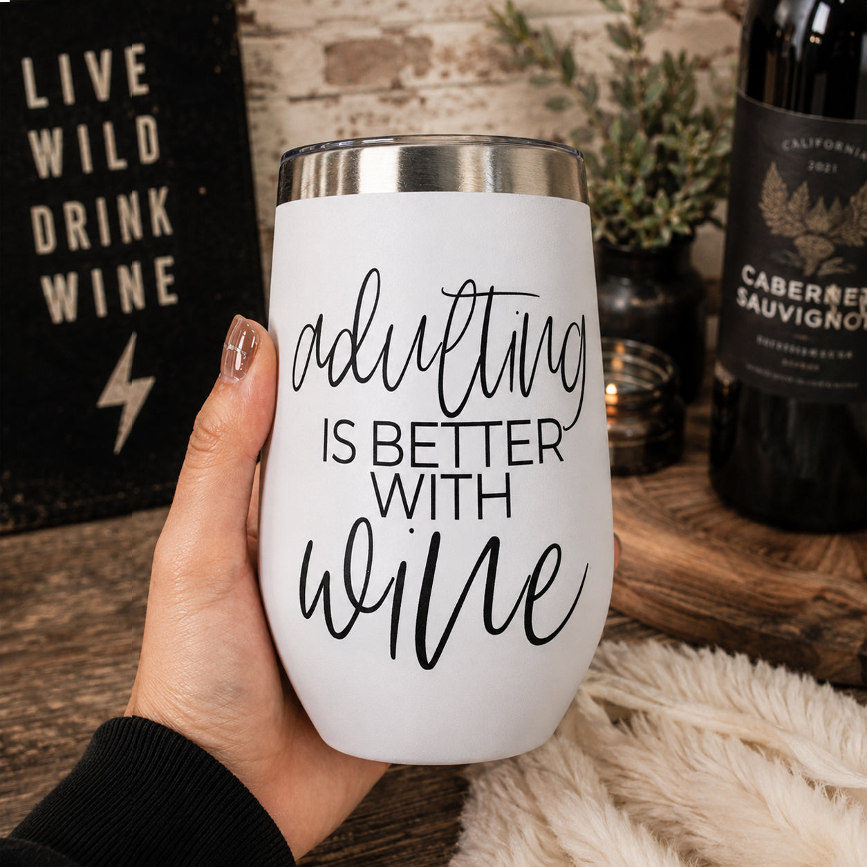 Adulting 17oz tumbler Gia Roma with script adulting is better with wine stainless steel rim on Tampa Home & Garden Store