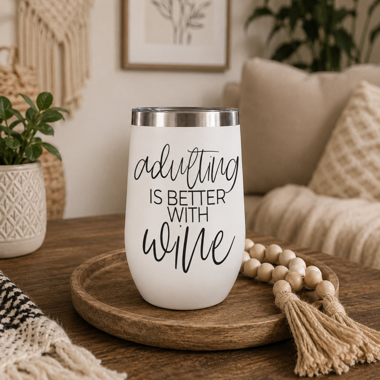 Adulting 17oz tumbler Gia Roma white stainless steel lid with wine quote on Tampa Home & Garden Store