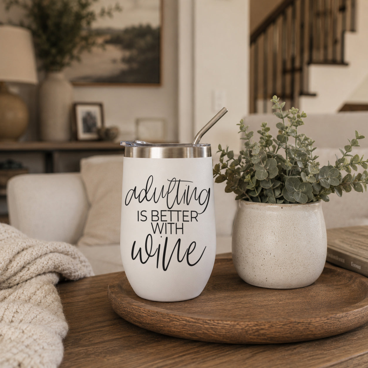 Adulting 17oz tumbler by Gia Roma with white matte finish, stainless steel lid, and metal straw on Tampa Home & Garden Store