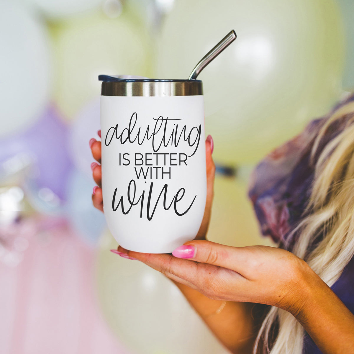 Adulting 17oz tumbler by Gia Roma in white with stainless steel lid and straw on Tampa Home & Garden Store