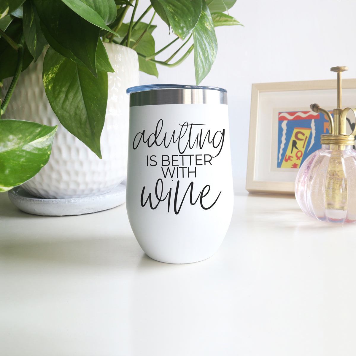 Adulting 17oz tumbler white Gia Roma with black wine quote stainless lid on Tampa Home & Garden Store