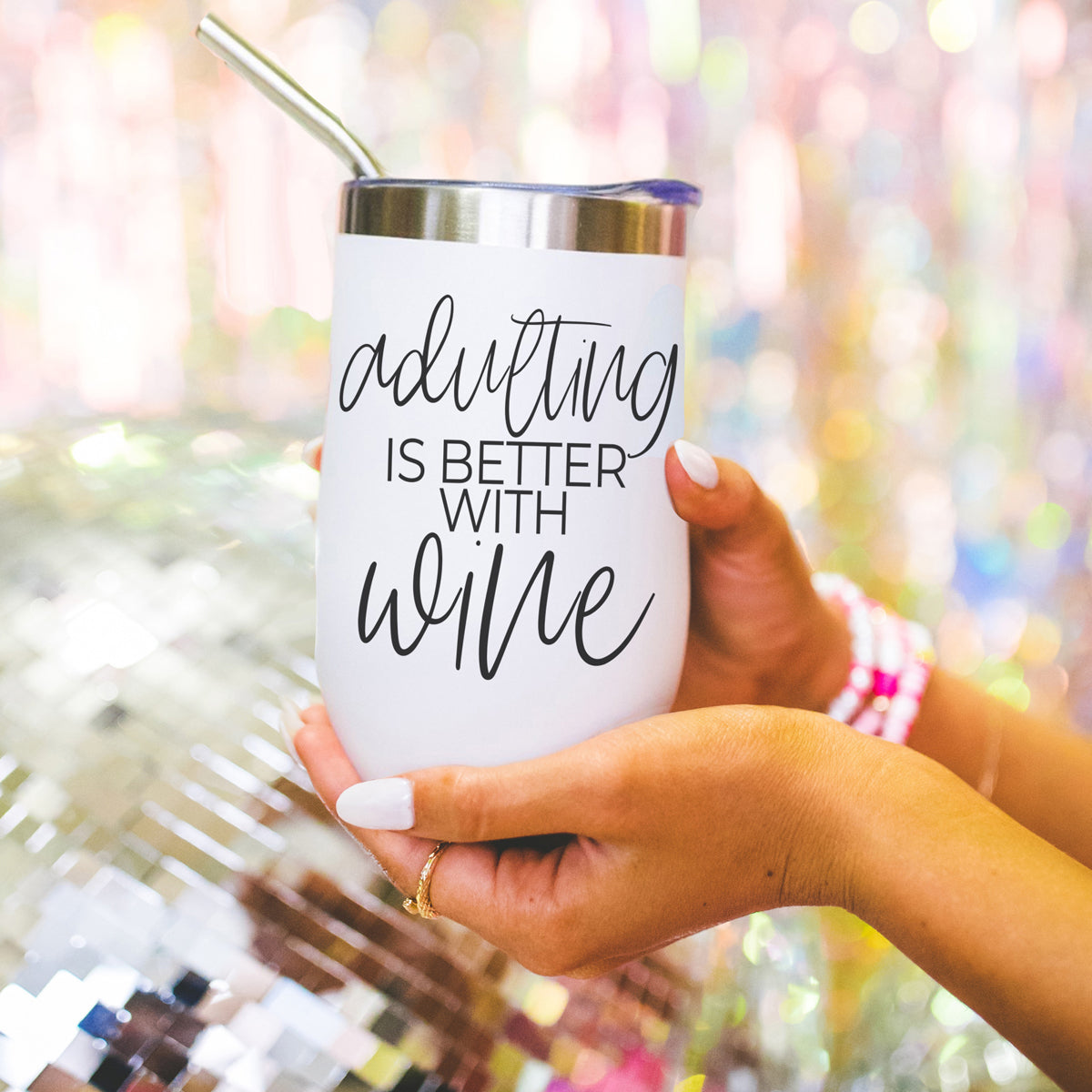 Adulting 17oz tumbler Gia Roma white with black script adulting is better with wine metal lid on Tampa Home & Garden Store