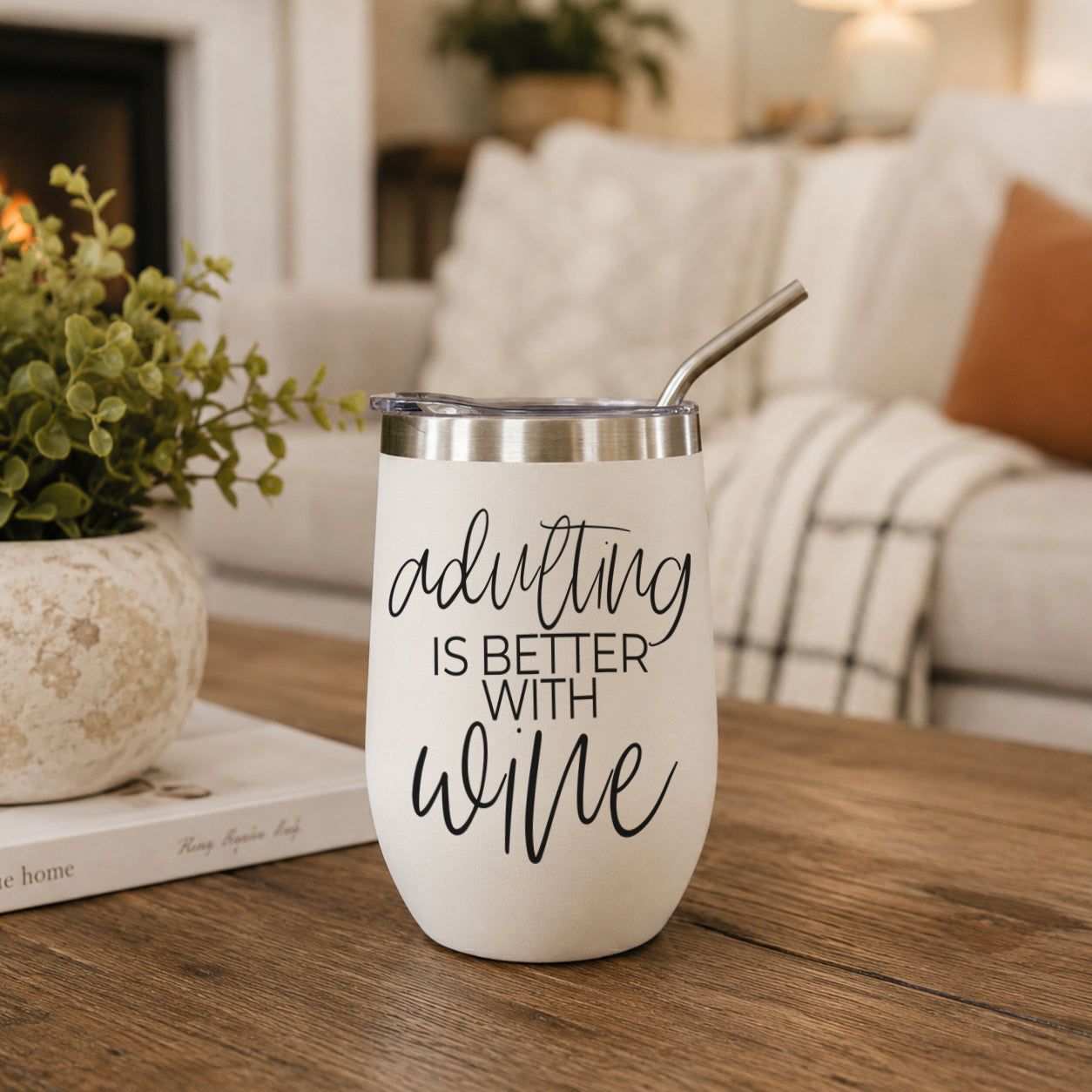 Gia Roma 17oz tumbler white with black script adulting is better with wine, stainless lid, straw on Tampa Home & Garden Store