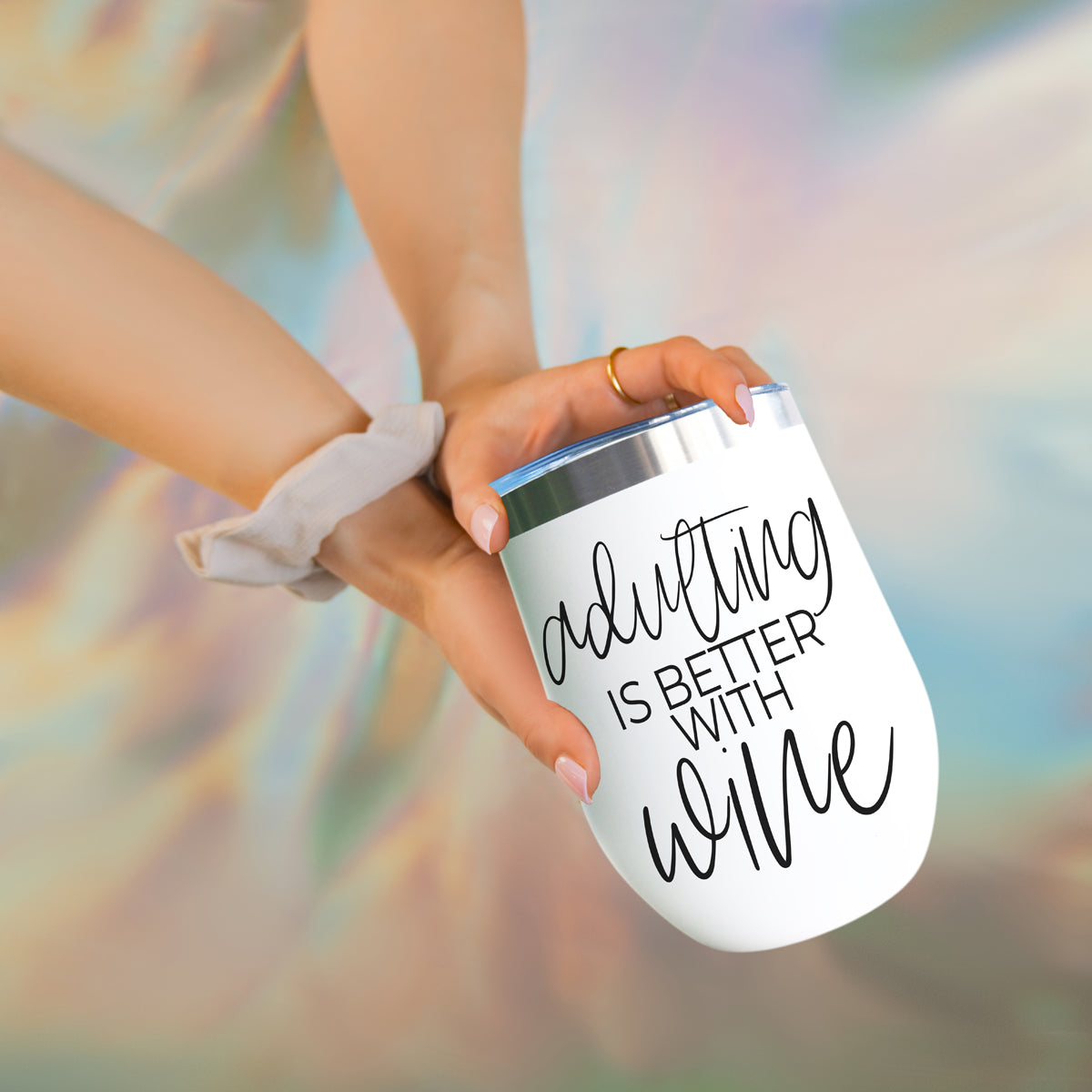 Adulting 17oz tumbler white with black script is better with wine and stainless steel lid on Tampa Home & Garden Store