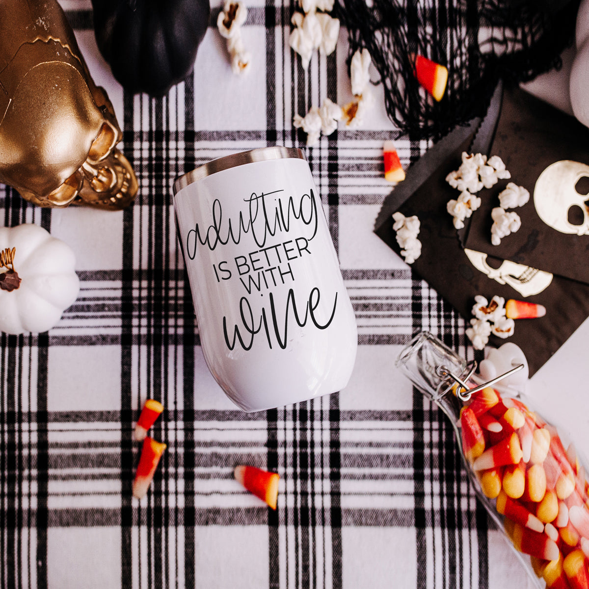 Adulting 17oz white tumbler Gia Roma with the phrase adulting is better with wine on Tampa Home & Garden Store