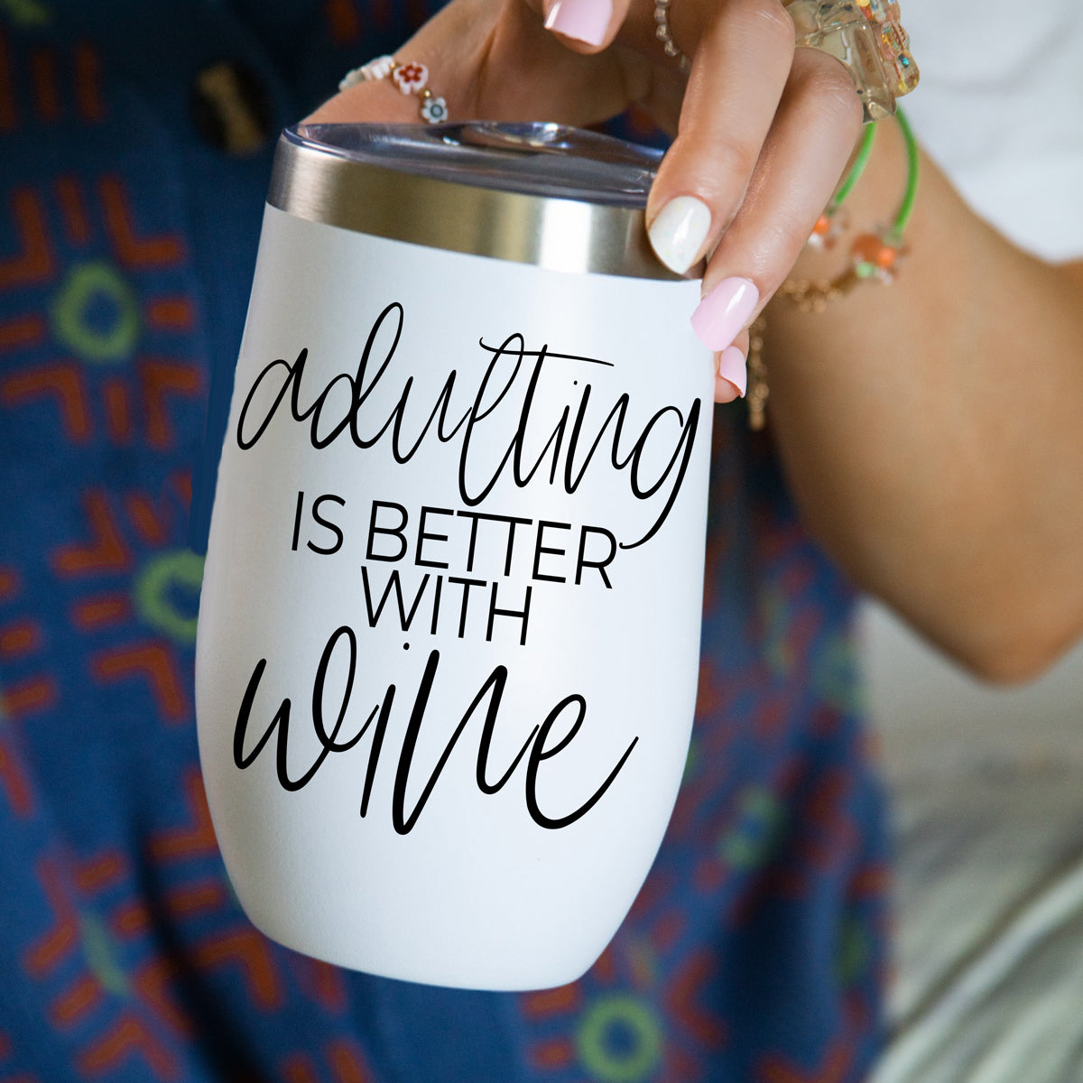 Adulting 17oz tumbler Gia Roma, white stainless steel with black script text on Tampa Home & Garden Store