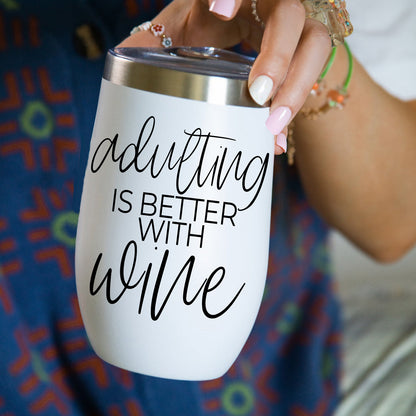 Adulting 17oz tumbler Gia Roma, white stainless steel with black script text on Tampa Home & Garden Store