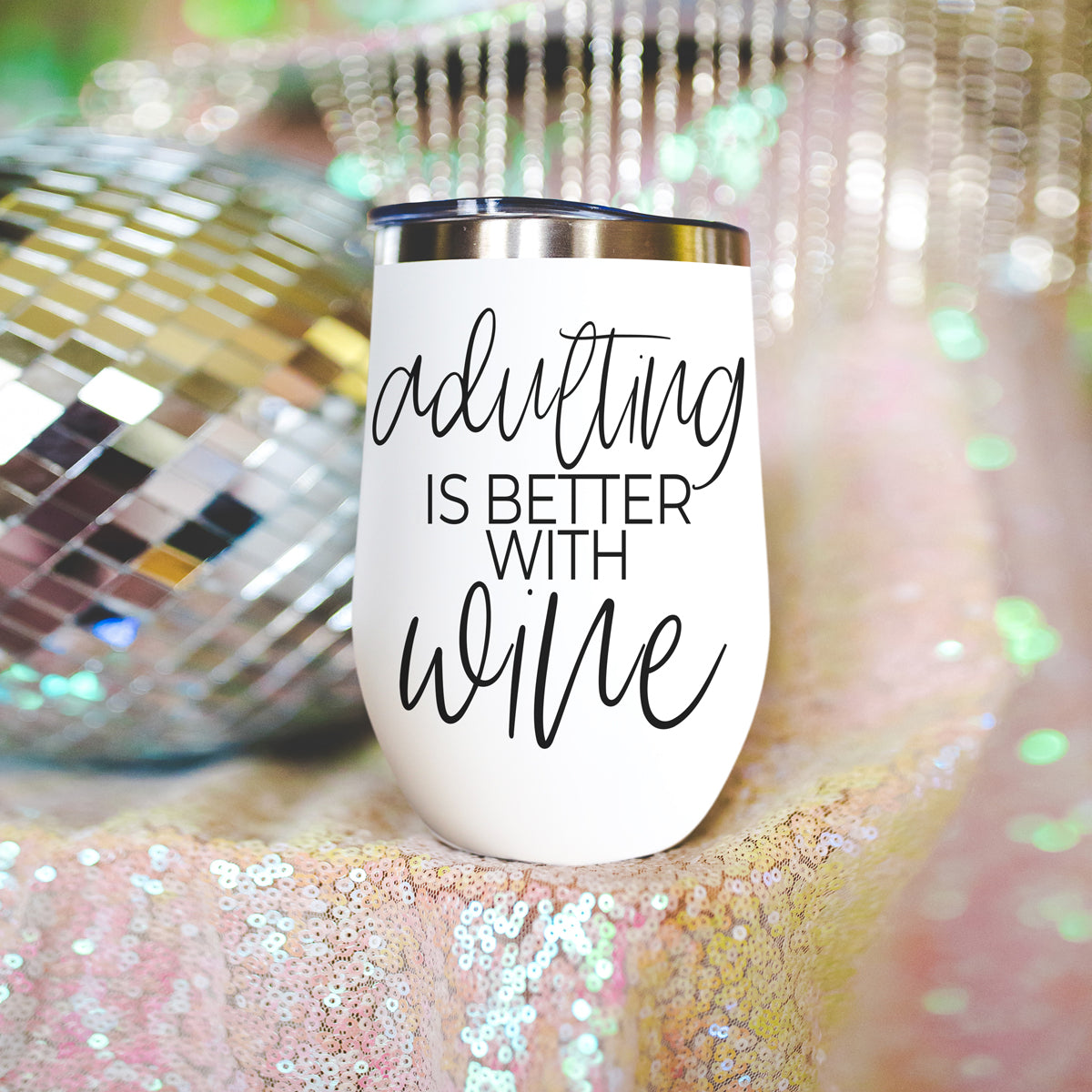 Adulting 17oz tumbler by Gia Roma white with black script wine text stainless steel lid on Tampa Home & Garden Store