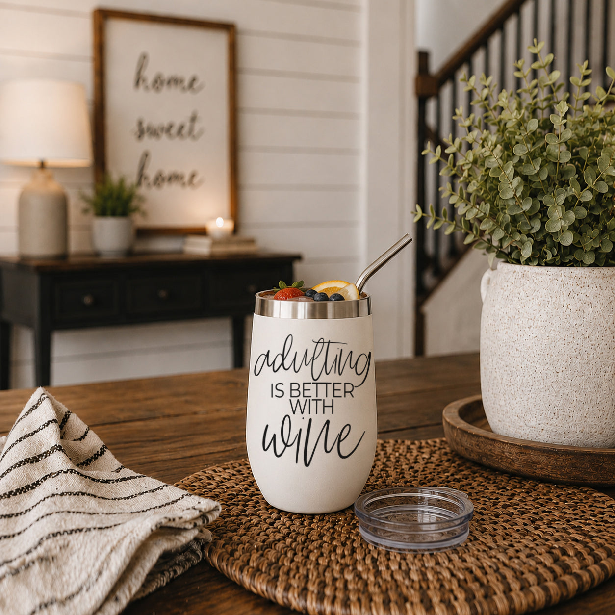 Adulting 17oz tumbler by Gia Roma, white stainless steel, black script text, metal lid on Tampa Home & Garden Store