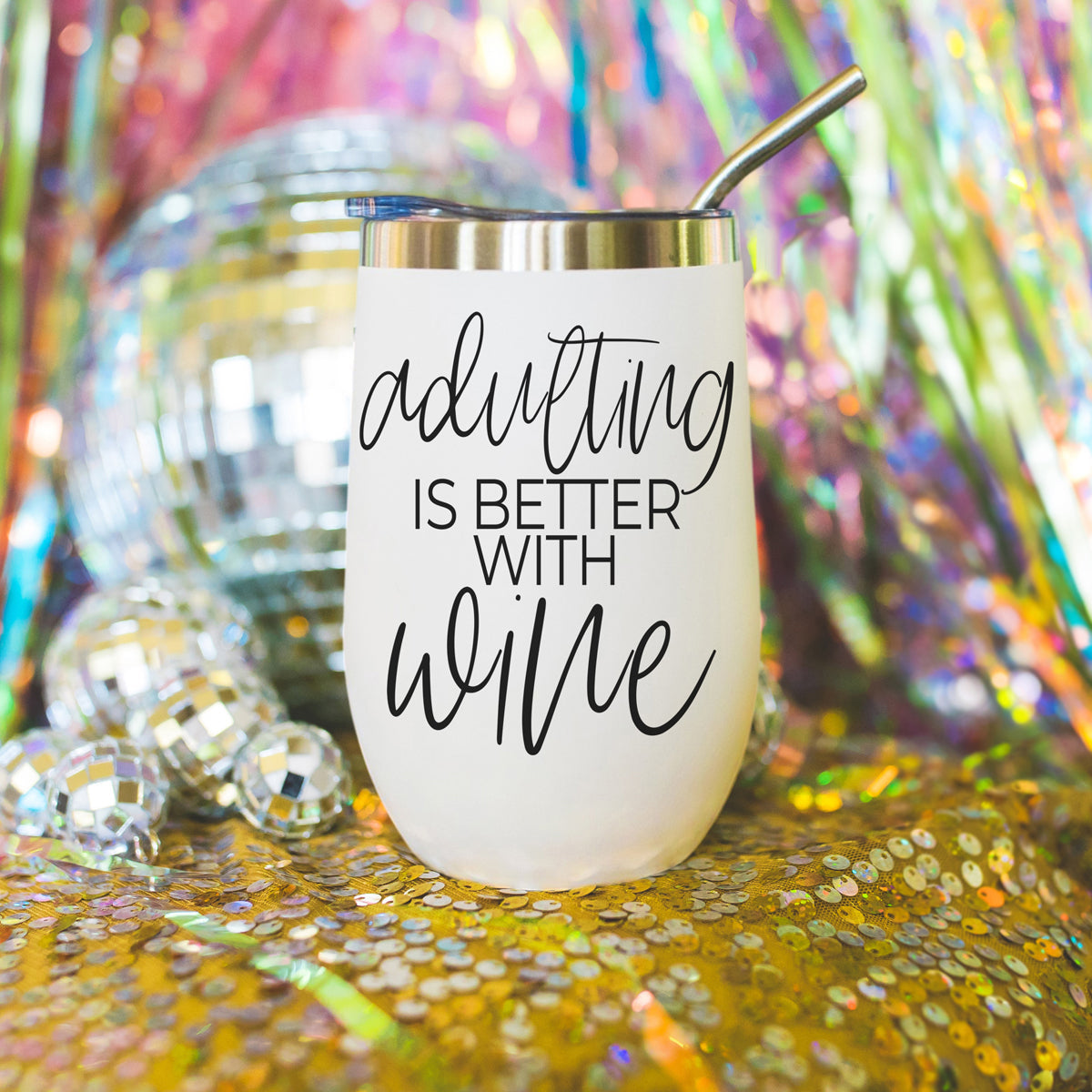 Adulting 17oz tumbler Gia Roma, white stainless steel with gold rim and metal straw on Tampa Home & Garden Store