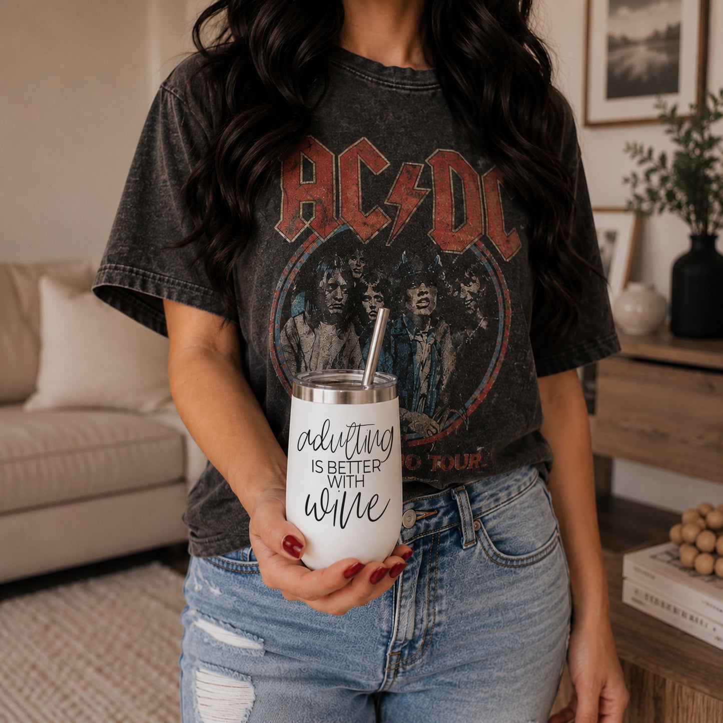 Adulting 17oz tumbler by Gia Roma; white insulated stainless steel with straw and wine quote on Tampa Home & Garden Store