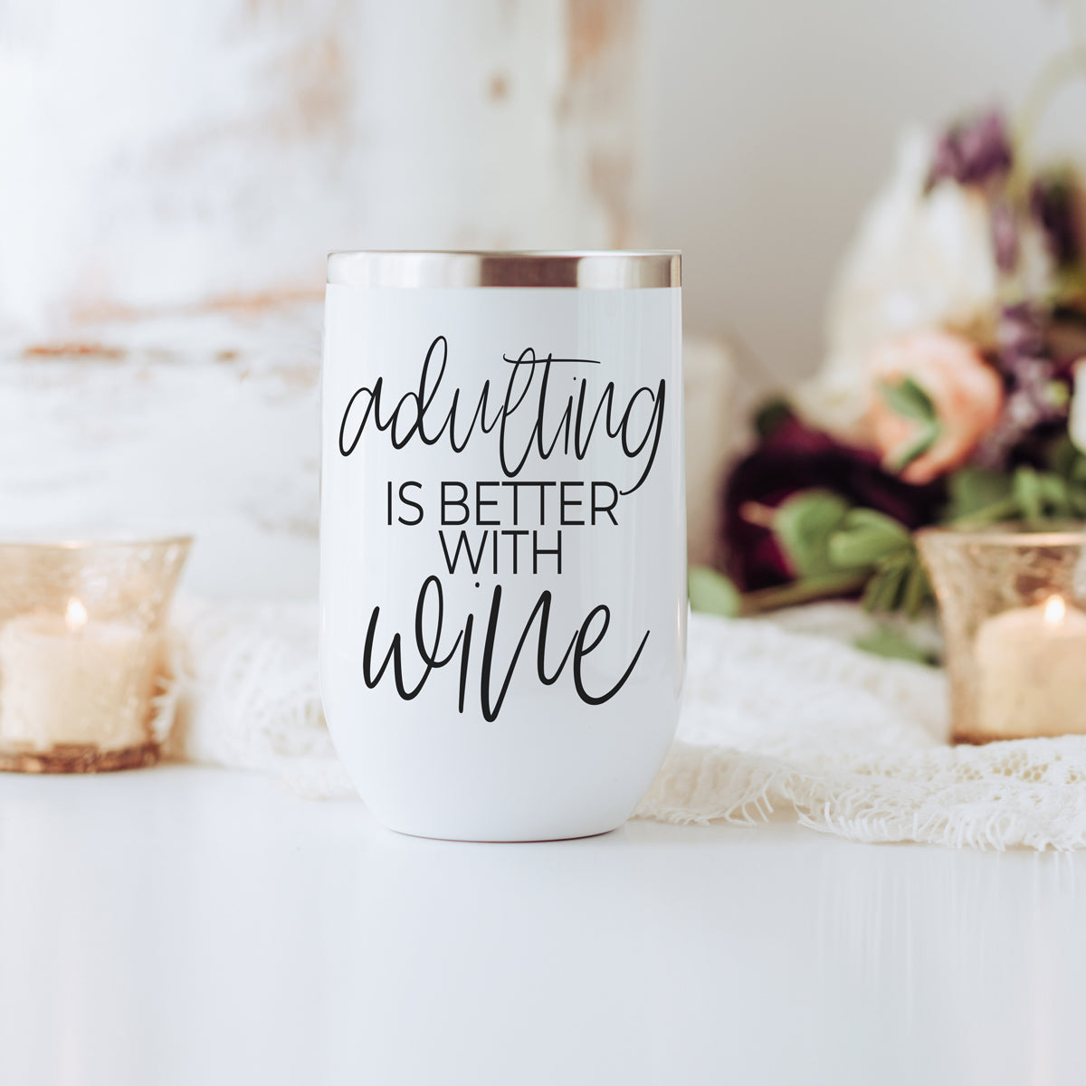 Adulting 17oz tumbler by Gia Roma white with metallic rose-gold lid featuring wine quote on Tampa Home & Garden Store